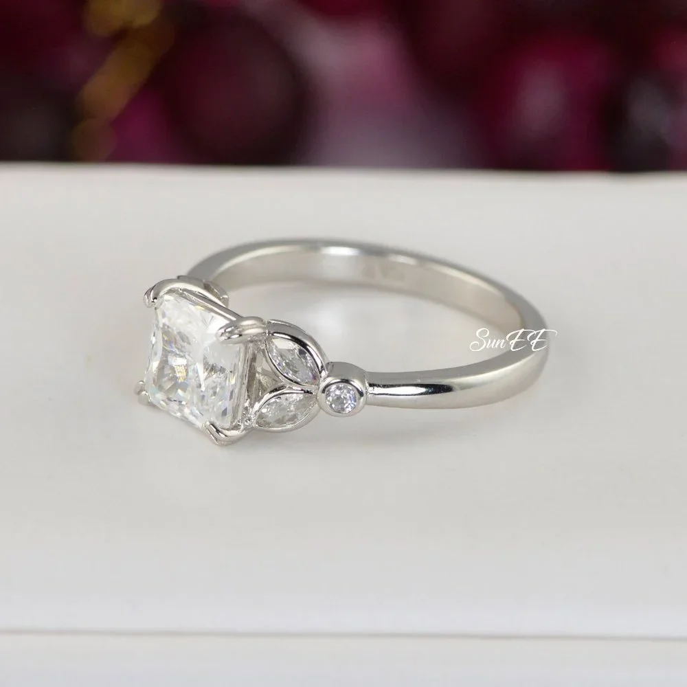 14k WHITE GOLD 925 STERLING SILVER PRINCESS CUT WEDDING BAND ENGAGEMENT RING - Picture 4 of 11